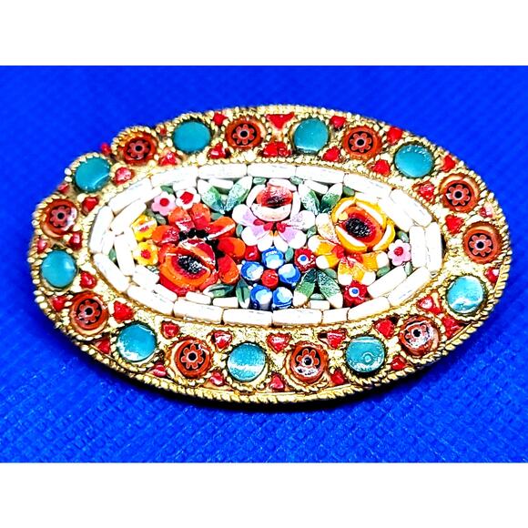 VNTG Brooch Italian Micro Mosaic Multicolor Floral With Gold  VNTG Brooch Italian Micro Mosaic Multicolor Floral With Gold Filigree Braiding